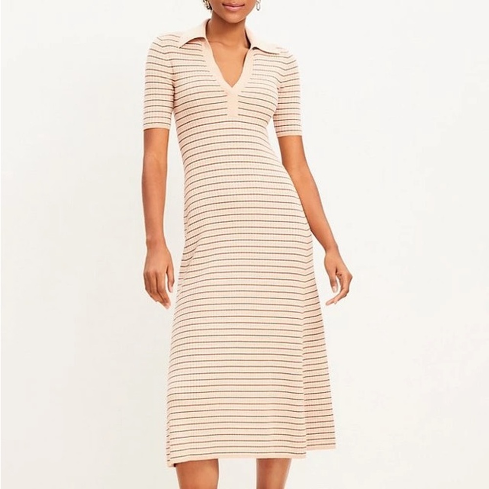 Loft Womens XL Stripe Ribbed Collared Midi Sweater Dress Peach Brown